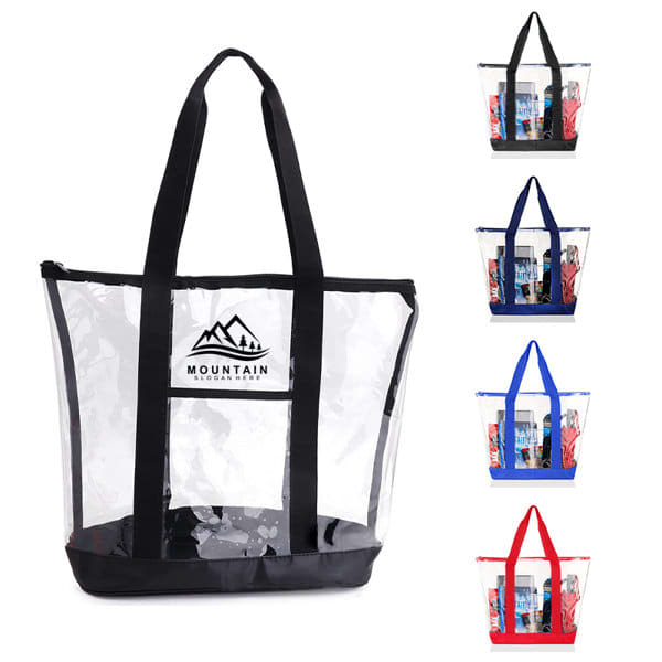 A large clear zippered tote bag with black, red, blue, and additional colour options, featuring a logo on the front. Large Clear Zippered Tote Bag - Image 1