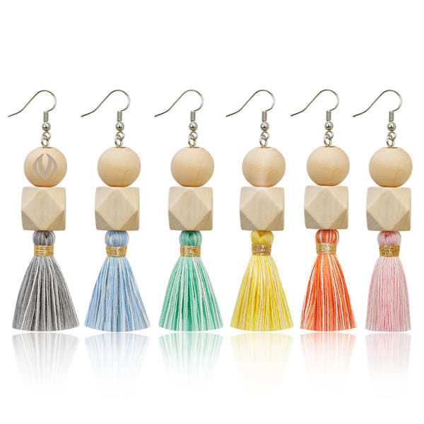 Wooden bead tassel earrings in various colours, featuring geometric shapes and decorative tassels. Includes silver hooks. Wooden Bead Tassel Earrings - Image 1