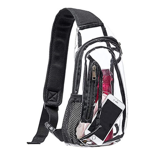 A clear stadium-approved sling bag with a black strap, featuring a mesh side pocket and multiple compartments. Clear Stadium Approved Sling Bag - Image 1