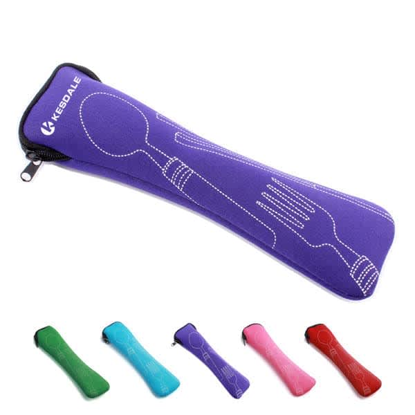 A purple neoprene cutlery pouch with a fork and spoon design, featuring a logo. Available in green, blue, pink, and red. Custom Neoprene Cutlery Pouch - Image 1