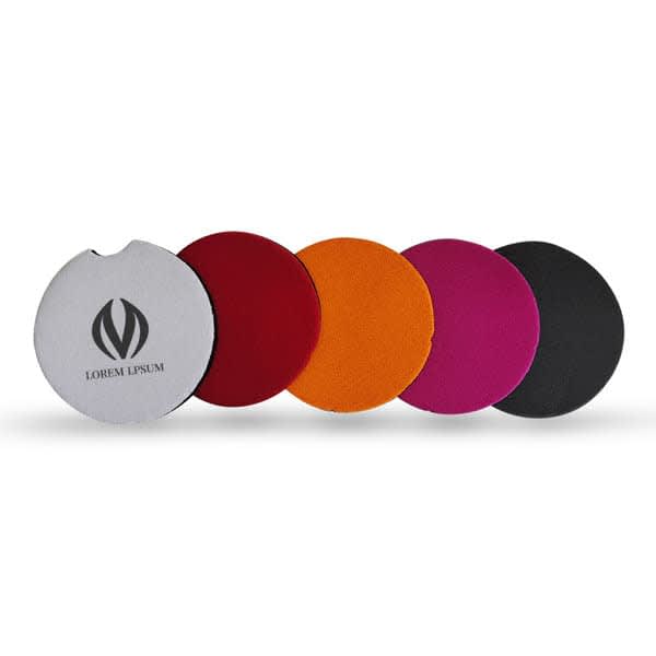 A set of five round neoprene car cup coasters in red, orange, pink, black, and grey, featuring a logo on one coaster. Personalized Neoprene Car Cup Coaster - Image 1