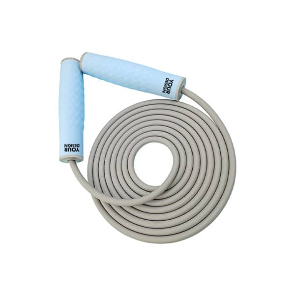 A silicone jump rope with light blue handles and a grey rope, featuring a branding logo on the handle. Silicone Speed Jump Rope - Image 1