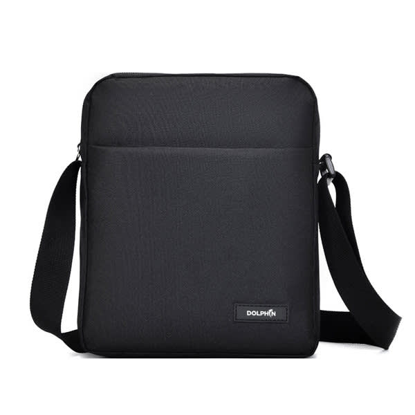 A black men’s crossbody bag with a simple design, featuring a shoulder strap and a front pocket. It includes branding. Men Crossbody Bag - Image 1