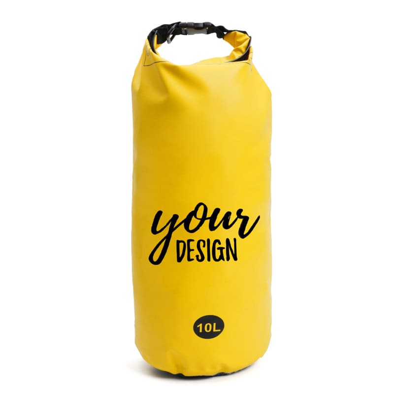 A yellow 10L PVC waterproof dry bag with a logo and features a blank design area for customisation. 10L PVC Waterproof Dry Bag - Image 1