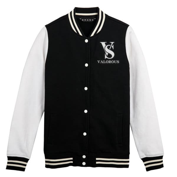 A black and white custom baseball jacket featuring a logo on the front and striped collar and cuffs. Custom Baseball Jacket - Image 1