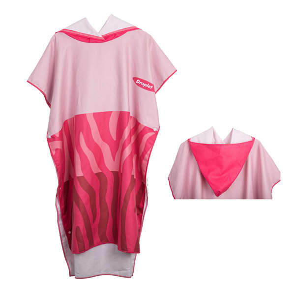 A pink and white hooded beach towel with a vibrant zebra pattern and a logo. Adults' Microfiber Hooded Beach Towel - Image 1