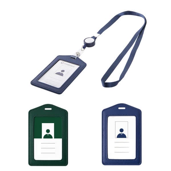 A custom leather ID holder with a navy lanyard, featuring a logo and available in green and navy options. Custom Leather ID Holder With Lanyard - Image 1