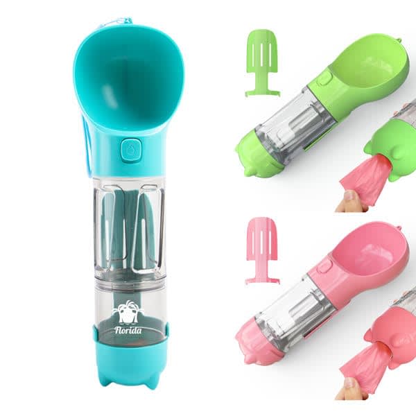 A drink bottle in blue and green with a transparent section, featuring a logo and a scoop attachment. Portable Multifunctional Pet Travel Water Bottle - Image 1