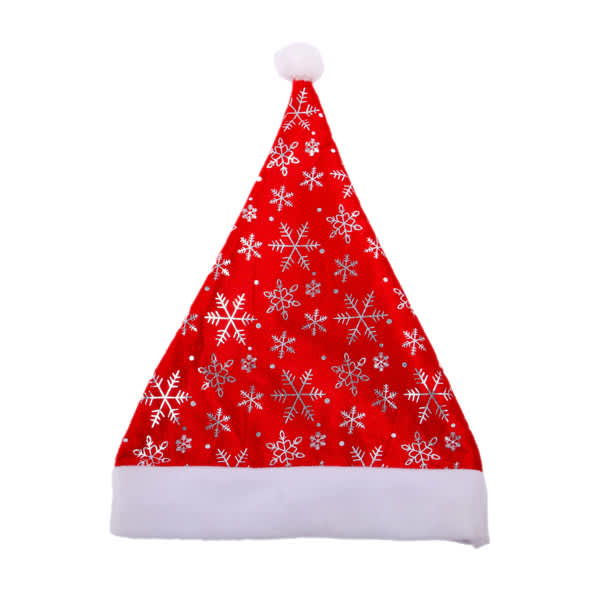 A red Christmas hat with white snowflake patterns and a white fluffy brim, featuring a white pom-pom on top. Promotional Gift Christmas Hat - Image 1