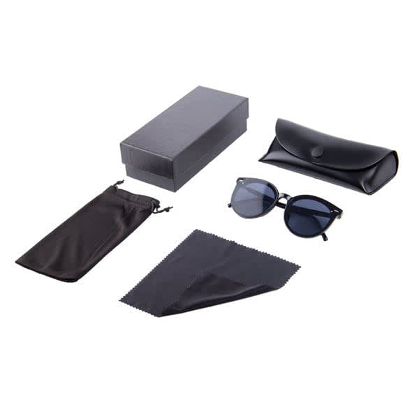 Custom black sunglasses with a carrying case, a pouch, and a cleaning cloth, all displayed together. Custom Sunglasses With Case Set - Image 1