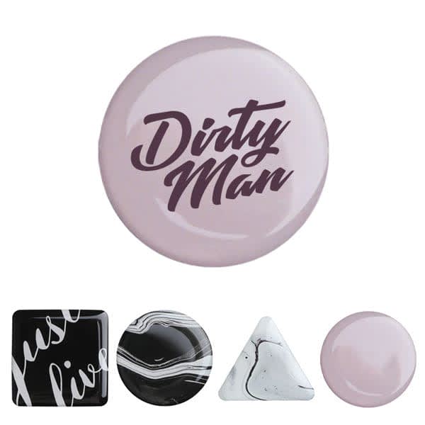 A set of custom epoxy fridge magnets in various shapes, featuring black and pink colours with different designs and a logo. Custom Epoxy Fridge Magnet - Image 1