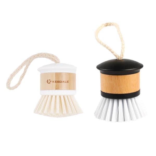 Two bamboo dish scrub brushes with different designs; one has a white head and the other a black head. Both feature a hanging loop. Bamboo Dish Scrub Brushes - Image 1