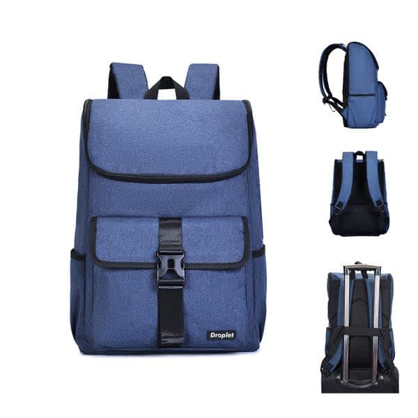 A blue three-dimensional business trip backpack with adjustable straps and a front buckle. It features a logo on the front. Three-dimensional Business Trip Backpack - Image 1