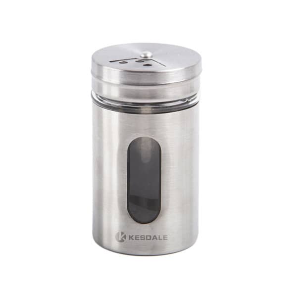 A stainless steel salt and pepper shaker with a transparent window and a lid featuring multiple dispensing holes. Stainless Steel Salt And Pepper Shaker - Image 1
