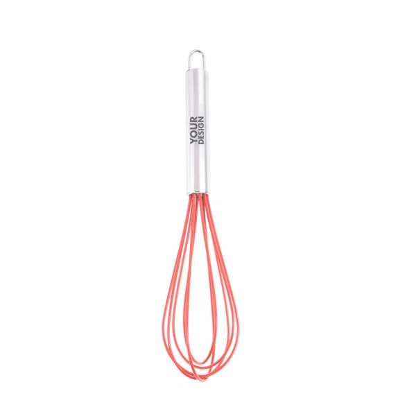 A manual egg beater with a silver handle and red whisking wires, featuring a logo on the handle. 10 Inch Manual Egg Beater - Image 1