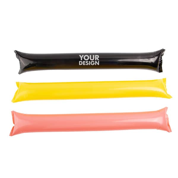 Three inflatable cheering thunder sticks in black, yellow, and pink, featuring a customisable design area. Custom Inflatable Cheering Thunder Stick - Image 1