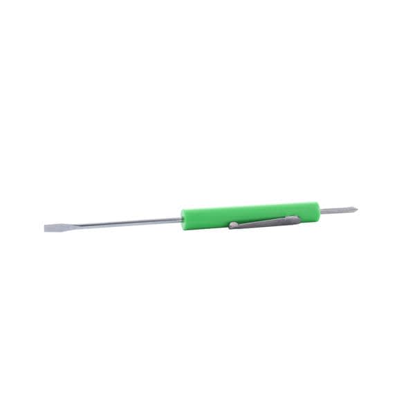 A green pocket double-ended screwdriver with a clip, featuring a flat end and a pointed end. Pocket Double Ended Screwdriver With Clip - Image 1