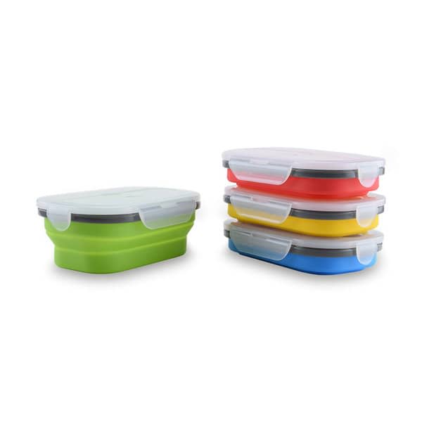 A set of silicone folding lunch boxes in green, red, yellow, and blue, each with a transparent lid and a logo. Silicone Folding Square Lunch Box - Image 1