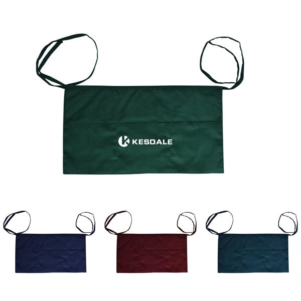 A green custom half apron with ties, featuring a logo, alongside navy, burgundy, and dark blue variants. Custom Half Apron - Image 1