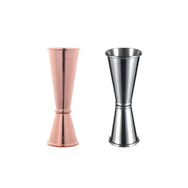 A stainless steel and copper double jigger cocktail measuring cup with a sleek design and a shiny finish. Stainless Double Jigger Cocktail Measuring Cup - Image 1