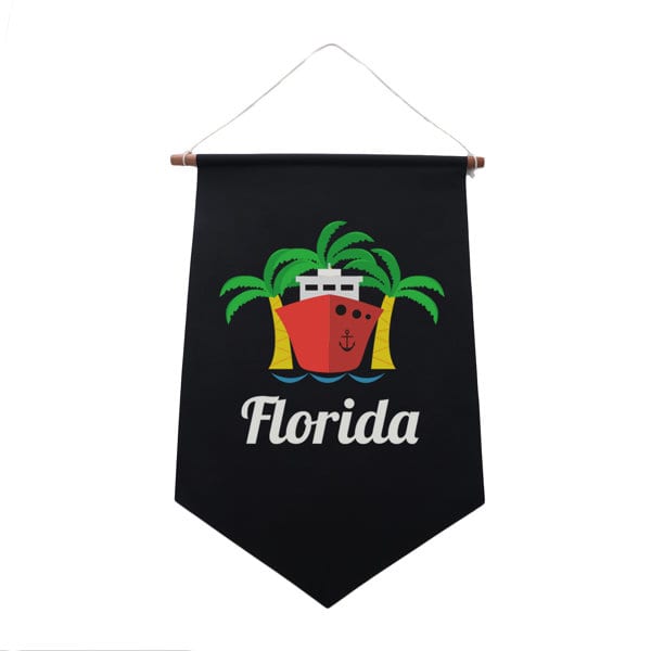 A black camping flag featuring a red boat, palm trees, and the word "Florida." It has a wooden hanging rod. Personalized Camping Flag - Image 1
