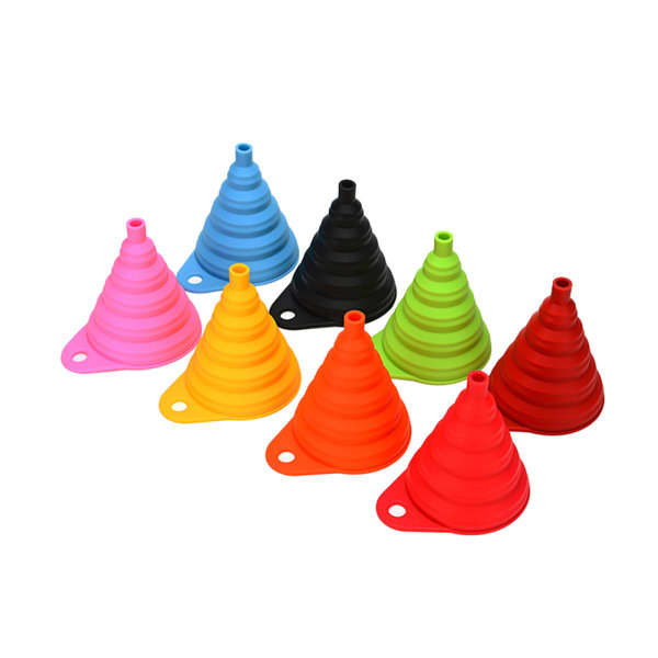 Eight silicone foldable funnels in various colours, including pink, blue, black, green, orange, and red. Each funnel is tapered. Silicone Foldable Funnel - Image 1