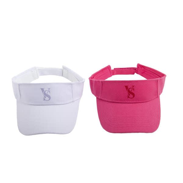 A white and a pink adjustable sun visor hat, featuring a logo on the front of each. Adjustable Custom Sun Visor Hat - Image 1