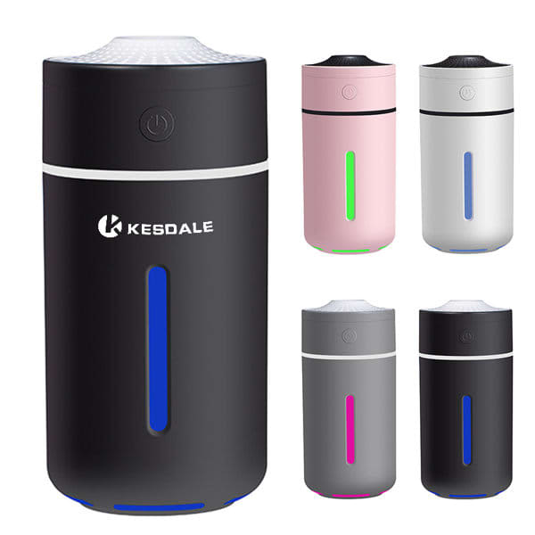 A set of five rechargeable car humidifier aromatherapy diffusers in black, pink, white, grey, and a light purple finish. Rechargeable Car Humidifier Aromatherapy Diffuser - Image 1