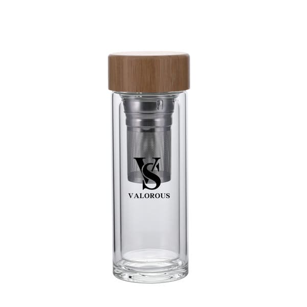 A drink bottle featuring a clear double-layer glass design, a bamboo lid, and a stainless steel infuser. 10 oz. Double-Layer Glass Tea Bottle With Bamboo Lid - Image 1