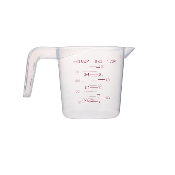 A clear plastic measuring cup with markings for measurements, holding 8 oz, features a spout and a handle. 8.5 oz. Plastic Measuring Cup - Image 1