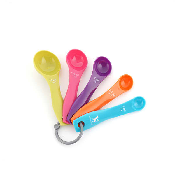 A set of five colourful plastic measuring spoons in green, pink, purple, orange, and blue, attached with a ring. 5Pcs Colorful Plastic Measuring Spoon Set - Image 1
