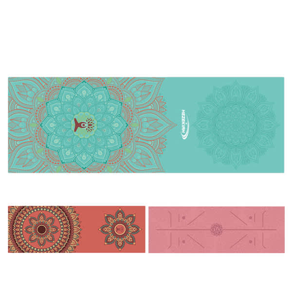 A turquoise and coral microfiber yoga mat towel featuring intricate mandala designs and a logo. Microfiber Printed Yoga Mat Towel - Image 1