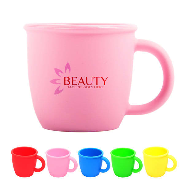A drink bottle in pink with a handle, alongside tumblers in red, blue, green, and yellow, featuring a logo. Kids’ Silicone Water Cup With Handle - Image 1