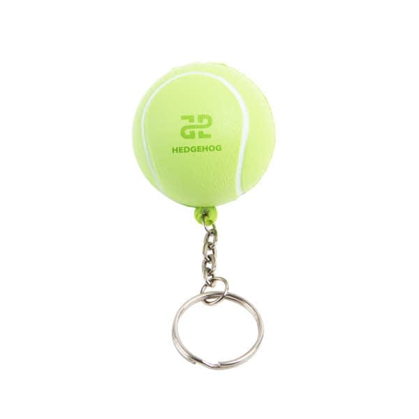 A bright green mini tennis ball keychain attached to a silver keyring, featuring a logo. Custom Mini Tennis Ball Keychain - Image 1