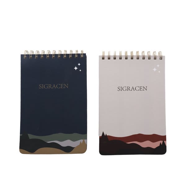 Two top bound spiral notebooks in navy blue and light grey, featuring abstract mountain designs and a logo. Personalized Top Bound Spiral Notebook - Image 1