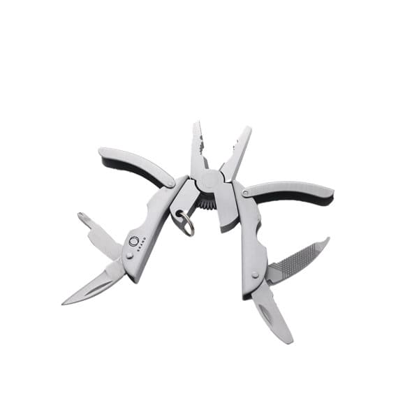 A silver multi-tool plier with various cutting tools and a keyring attachment. Features rubber grips on the handles. Micro Tool Knife Plier - Image 1