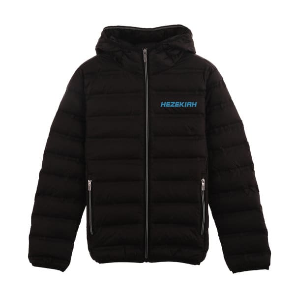 A black women's light down jacket with a hood, featuring a front zipper and side pockets. It has a logo on the chest. Women's Light Down Jacket - Image 1