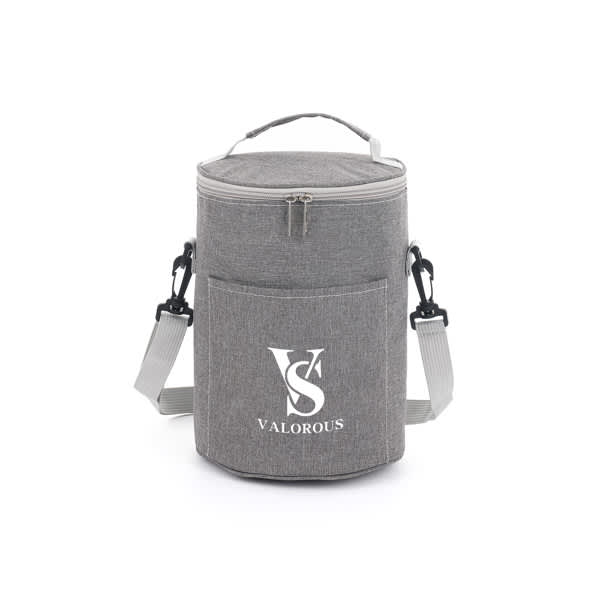 A grey insulated round portable bento bag with a shoulder strap and a front pocket, featuring a logo. Insulated Round Portable Bento Bag - Image 1