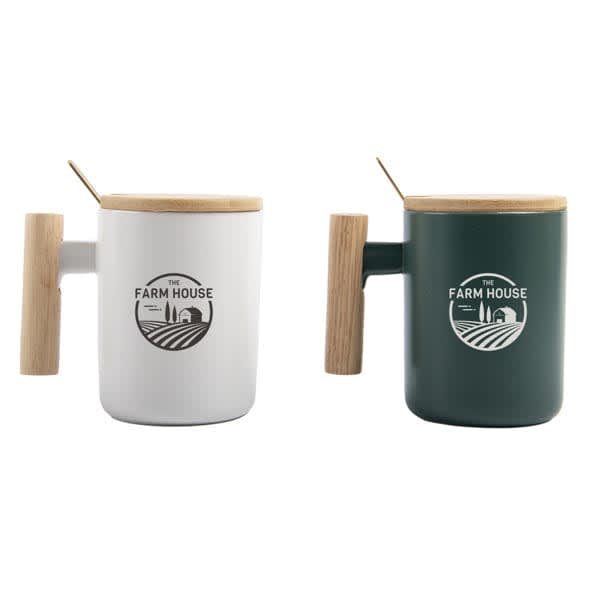 A ceramic mug set featuring a wood handle, one white and one green, each with a logo and a bamboo lid. 13 oz. Wood Handle Ceramic Mug - Image 1