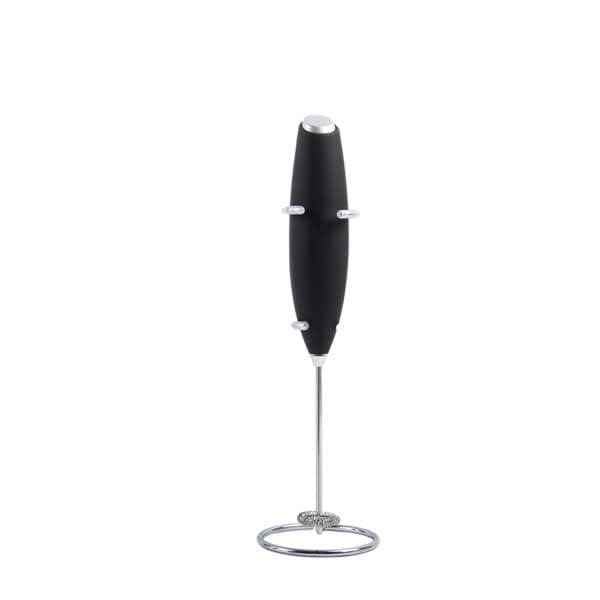 A black milk frother with a chrome stand, designed for coffee and tea preparation accessories. Milk Frother With Stand - Image 1