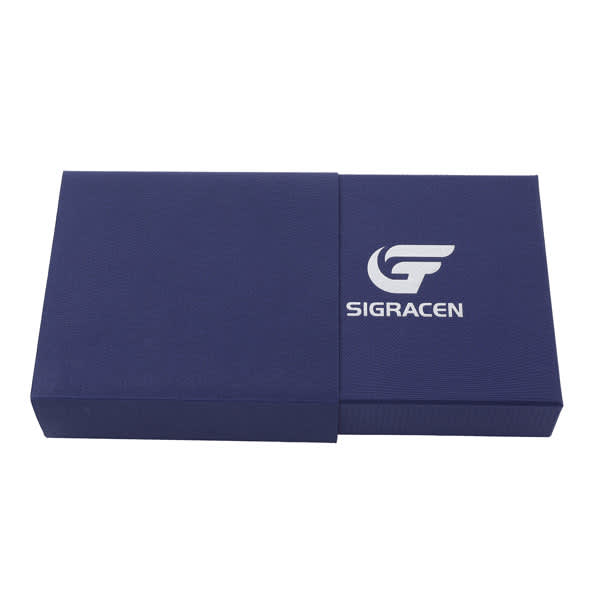 A navy blue cardboard jewelry gift box with a logo, featuring a sleek and modern design. Custom Cardboard Jewelry Gift Box - Image 1