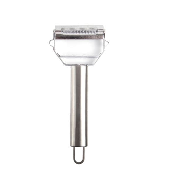 A stainless steel vegetable peeler with a dual blade design and a sturdy handle. The peeler has a sleek, shiny finish. 2 In 1 Stainless Steel Vegetable Peeler - Image 1