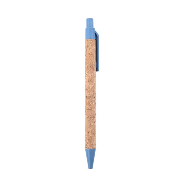 A cork pen with a blue plastic top and clip, featuring a natural cork body, suitable for eco-friendly use. Eco Friendly Custom Cork Click Pen - Image 1