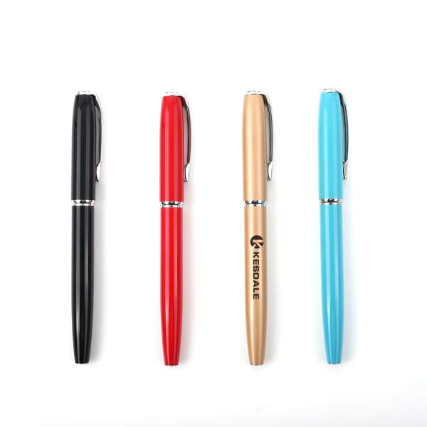 Heavy custom metal gel pens in black, red, gold, and blue, featuring a logo on one pen. Heavy Custom Metal Business Gel Pen - Image 1