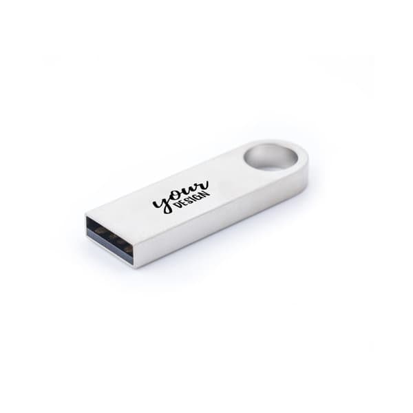 A silver 32GB laser mini metal USB stick with a rounded end and a logo displayed on its side. 32GB Laser Mini Metal USB Stick - Image 1