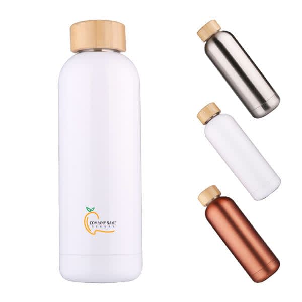 A drink bottle featuring a small mouth, white body, bamboo lid, and various metallic finishes in the background. 500ml Small Mouth Vacuum Water Bottle With Bamboo Lid - Image 1