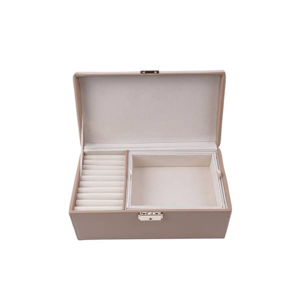 A jewellery box with a handle, featuring a soft beige exterior, multiple compartments, and a removable insert. Jewelry Box With Handle - Image 1