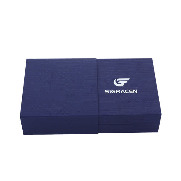 A navy blue custom bangle gift box with a logo on the front, featuring a smooth texture. Custom Bangle Gift Box - Image 1