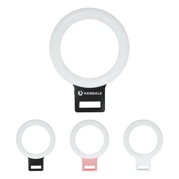 A set of four ring lights in white, black, and pink, designed for attachment to phones. Features a logo. Selfie Ring Light With Clip - Image 1