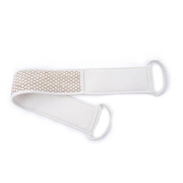 A jute sponge back bath scrubber in white with beige accents and two handles on either end. Jute Sponge Back Bath Scrubber - Image 1